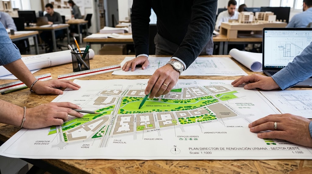Manos de un equipo técnico analizando un plano urbanístico para integrar energías renovables, infraestructura verde y criterios ambientales.