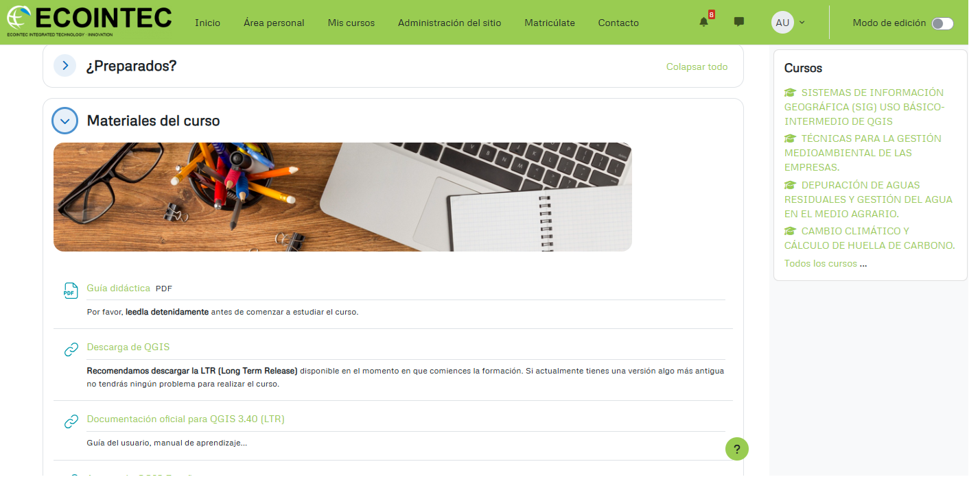 Captura del aula virtual de Formación Sostenible con cursos de formación ambiental
